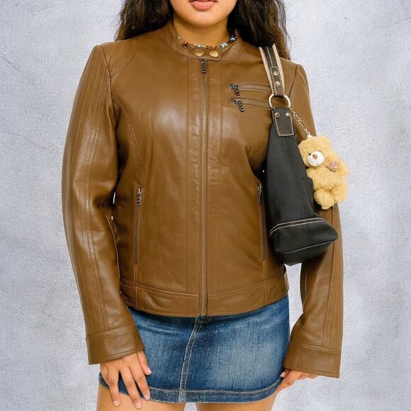 Vintage Y2K Blanc Noir Raw Leather Brown Motorcycle Full Zip Jacket Medium - Picture 2 of 12